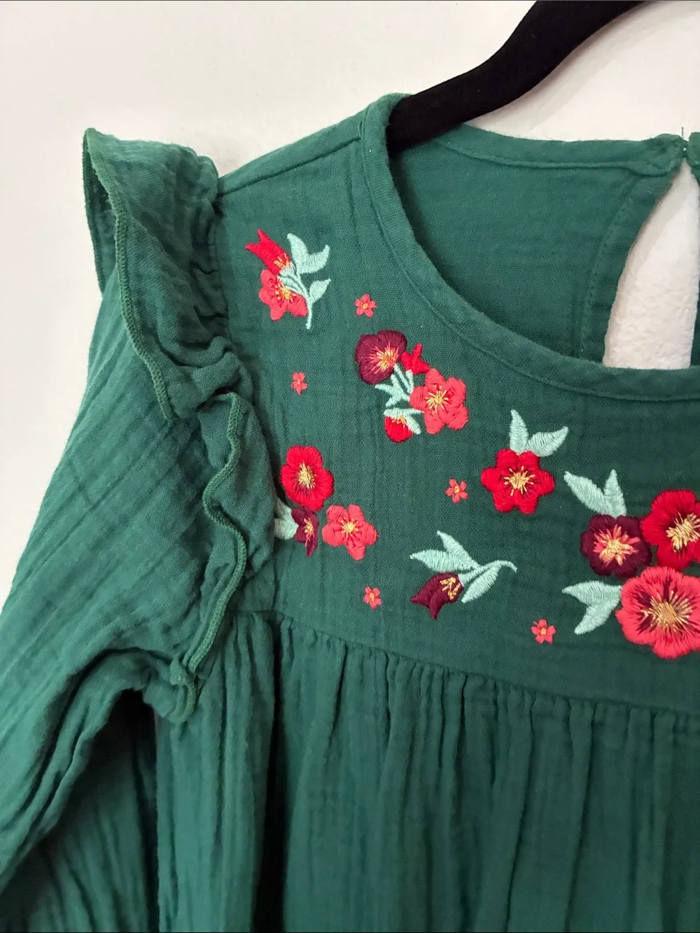 Cat & Jack Emerald Green Floral-Embroidered Long Sleeve Dress
